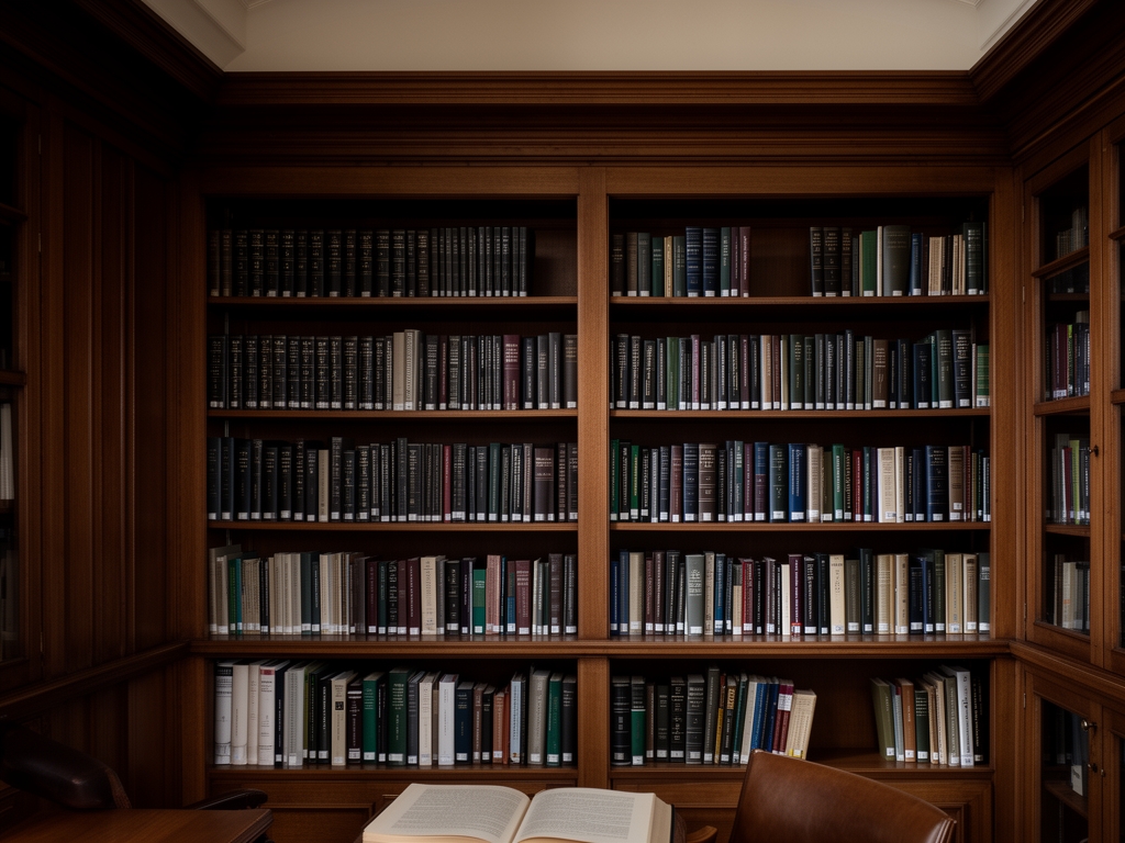 Bibliothèque institutionnelle élégante avec de grandes étagères en bois sombre remplies de livres scientifiques, lumière tamisée et atmosphère studieuse
