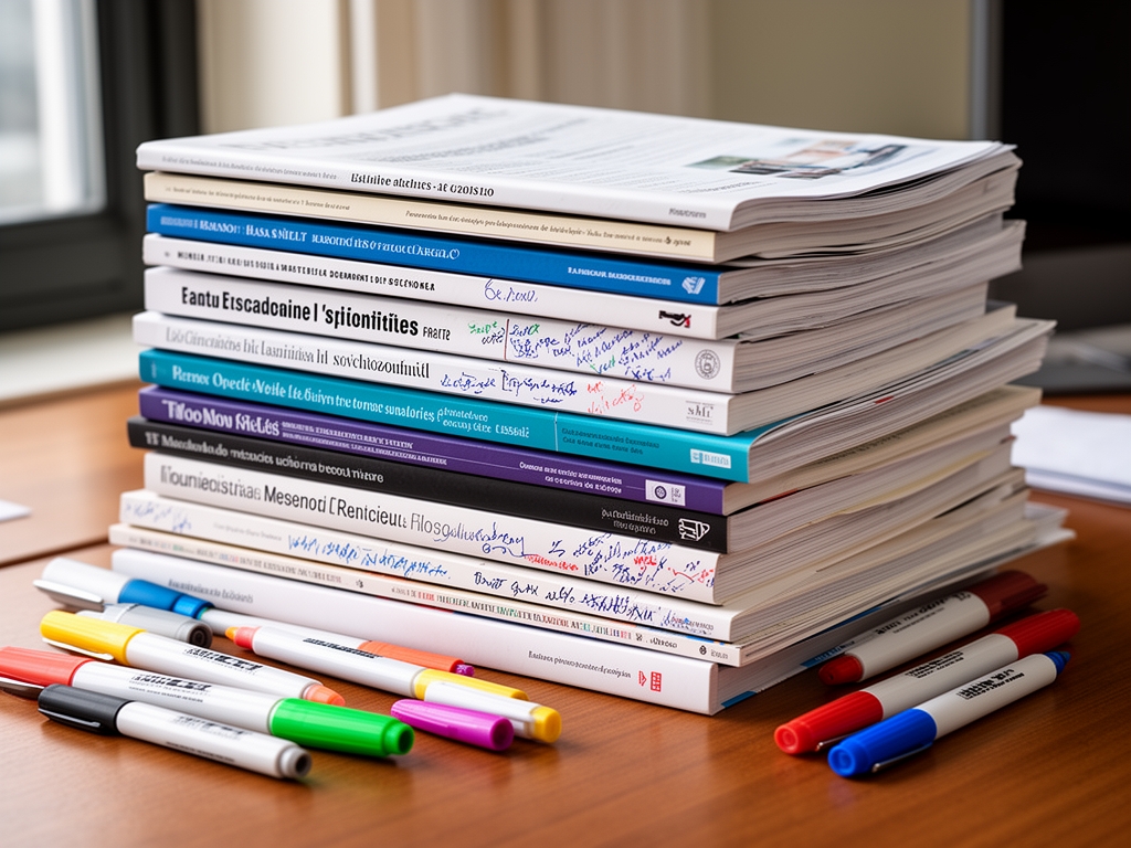 Pile de revues scientifiques et médicales spécialisées soigneusement empilées sur un bureau en bois, marqueurs colorés et annotations visibles, ambiance académique