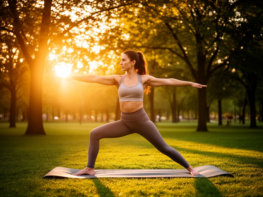 Femme active pratiquant le yoga au lever du soleil dans un parc verdoyant, posture de guerrier, lumière dorée matinale filtrant à travers les arbres