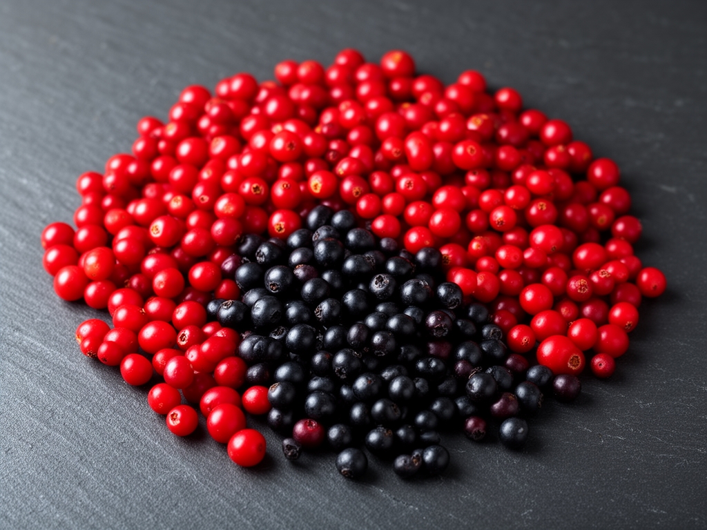 Sélection de baies rouges et noires fraîches riches en antioxydants disposées sur fond ardoise foncé, lumière naturelle