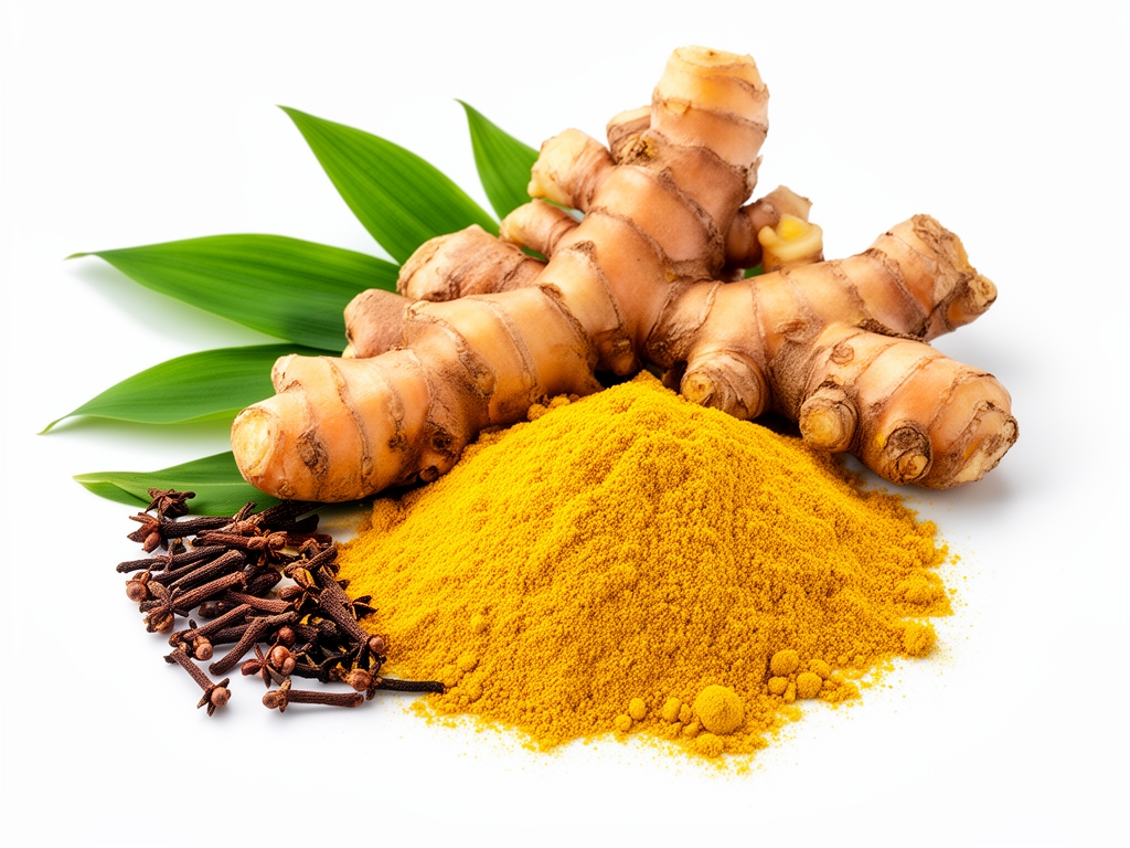 Racine de curcuma et poudre jaune vif disposées artistiquement sur fond blanc avec feuilles vertes et épices naturelles