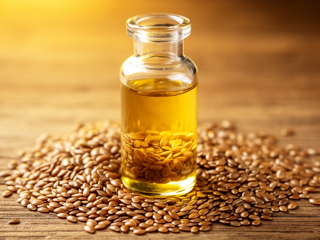 Graines de lin dorées et huile de lin dans une fiole en verre transparente, fond bois, lumière chaude dorée