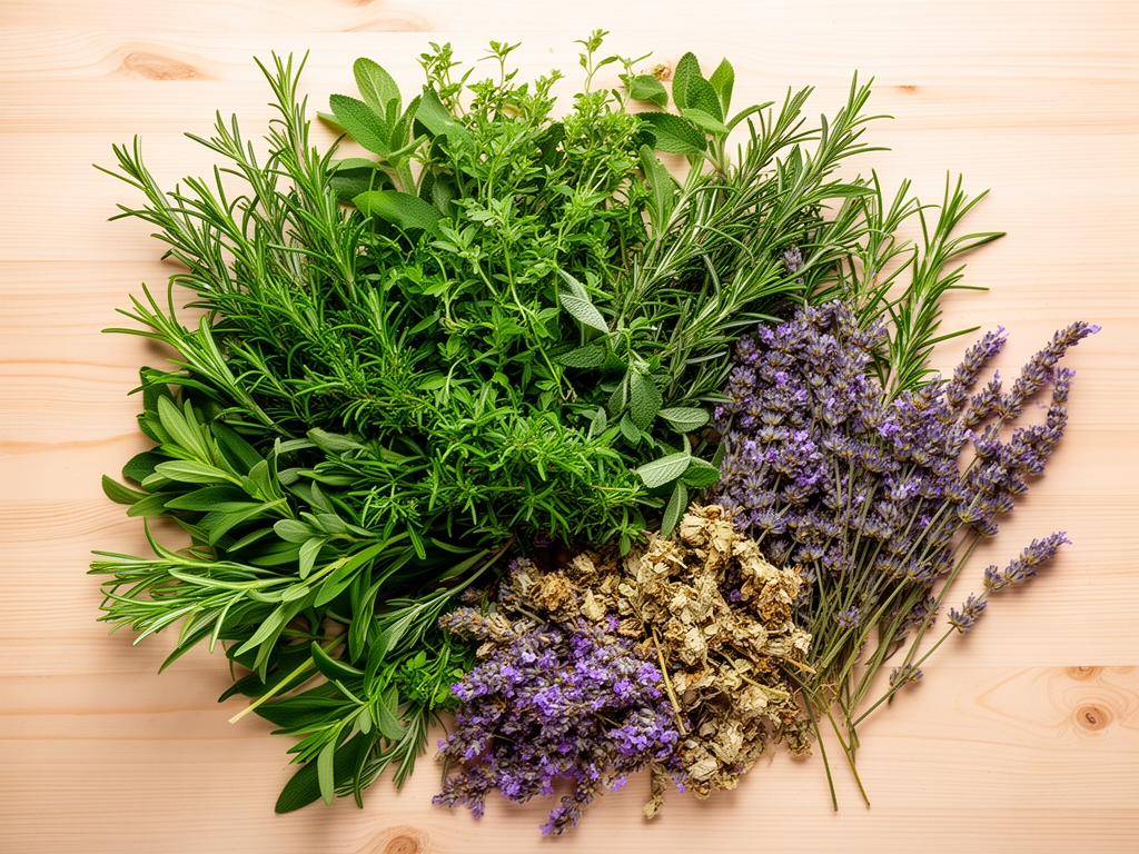 Vue aérienne de plantes aromatiques fraîches, herbes vertes et fleurs séchées disposées sur une surface en bois naturel clair, ambiance lumineuse et naturelle