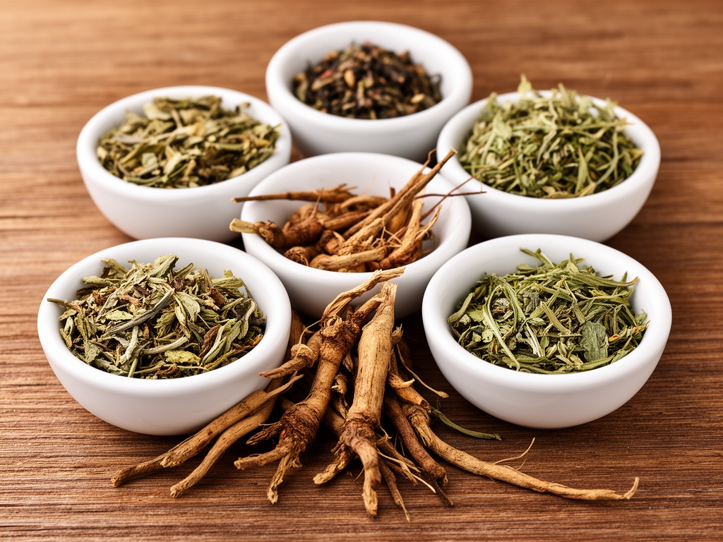 Sélection de plantes médicinales séchées, racines et extraits botaniques dans des petits bols en céramique blanche sur une surface en bois naturel